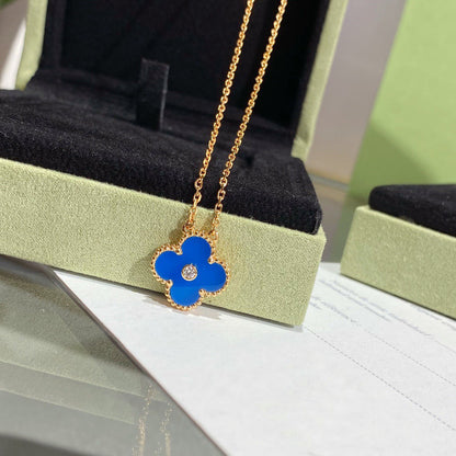 [Polaidi Jewelry]CLOVER 15MM DIAMOND AND BLUE AGATE NECKLACE