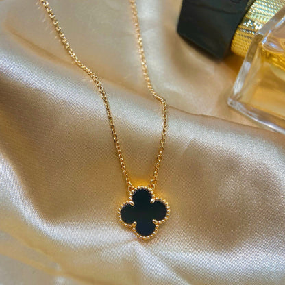 [：Polaidi Jewelry]CLOVER 15MM BLACK ONYX SINGLE FLOWER NECKLACE