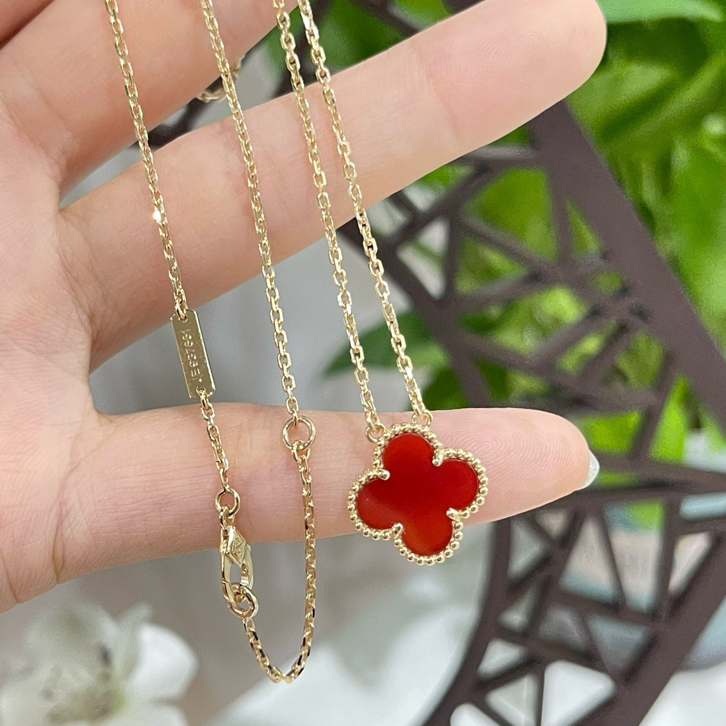 [Polaidi Jewelry]CLOVER 15MM CARNELIAN SINGLE FLOWER NECKLACE