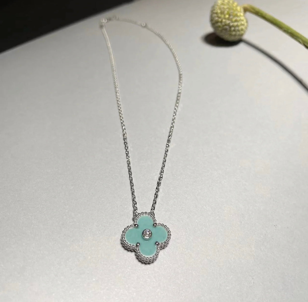 [：Polaidi Jewelry]CLOVER 1 DIAMOND LIGHT BLUE SILVER NECKLACE