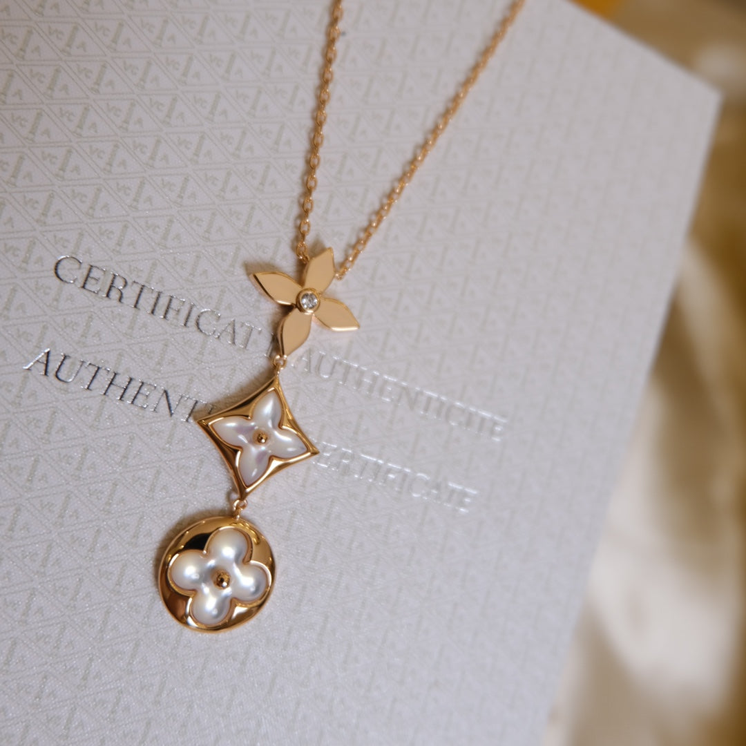 [：Polaidi Jewelry]COLOR BLOSSOM LARIAT NECKLACE PINK GOLD WHITE MOTHER PEARL AND DIAMOND