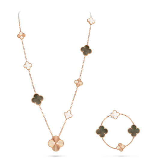 [Polaidi Jewelry]DETACHABLE CLOVER 15(11+4) FLOWER ROSE GOLD NECKLACE SET