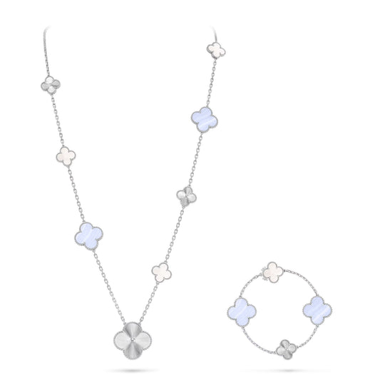 [Polaidi]DETACHABLE CLOVER 15(11+4) FLOWER SILVER NECKLACE SET