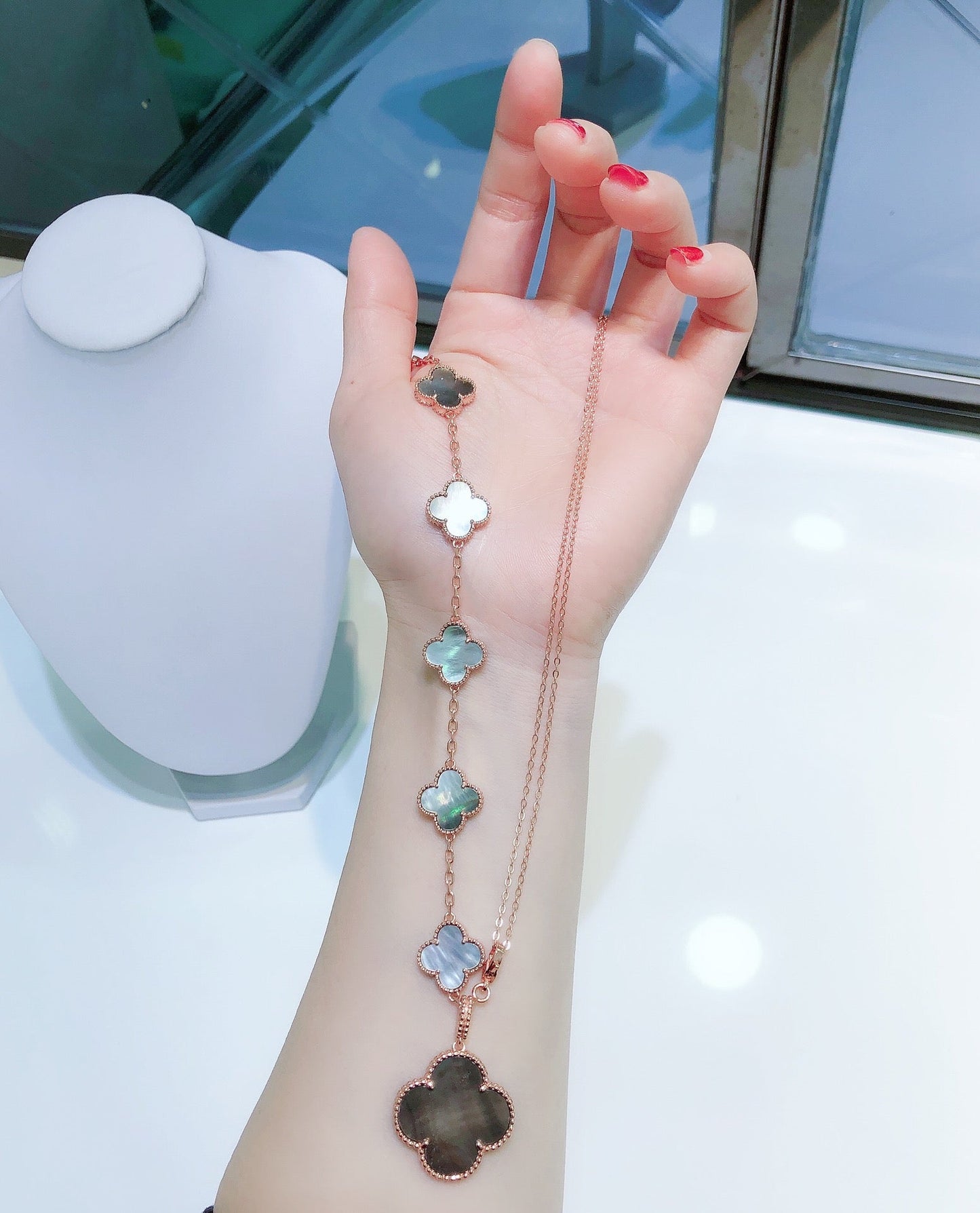 [Polaidi Jewelry]COMBINED BRACELET 5 MOTIFS AND NECKLACE DARK MOP ROSE GOLD
