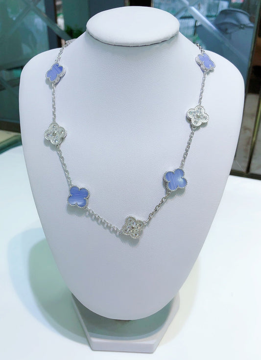 [Polaidi Jewelry]CLOVER 10 MOTIFS CHALCEDONY DIAMONDS SILVER NECKLACE