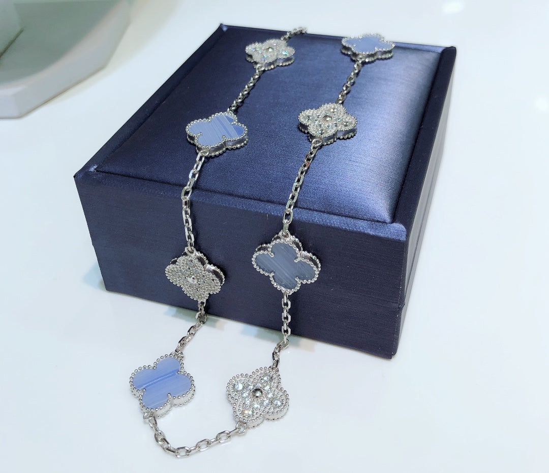 [Polaidi Jewelry]CLOVERS THE 10-MOTIFS CHALCEDONY DIAMONDS SILVER NECKLACE
