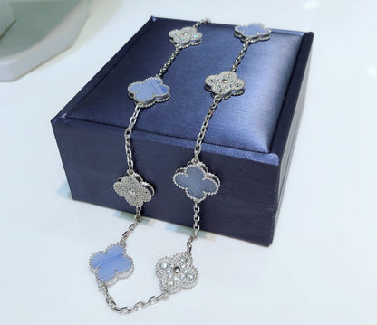 [Polaidi Jewelry]CLOVER 10 MOTIFS CHALCEDONY DIAMONDS SILVER NECKLACE