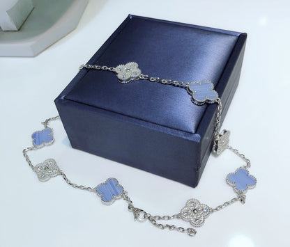 [Polaidi Jewelry]CLOVERS THE 10-MOTIFS CHALCEDONY DIAMONDS SILVER NECKLACE