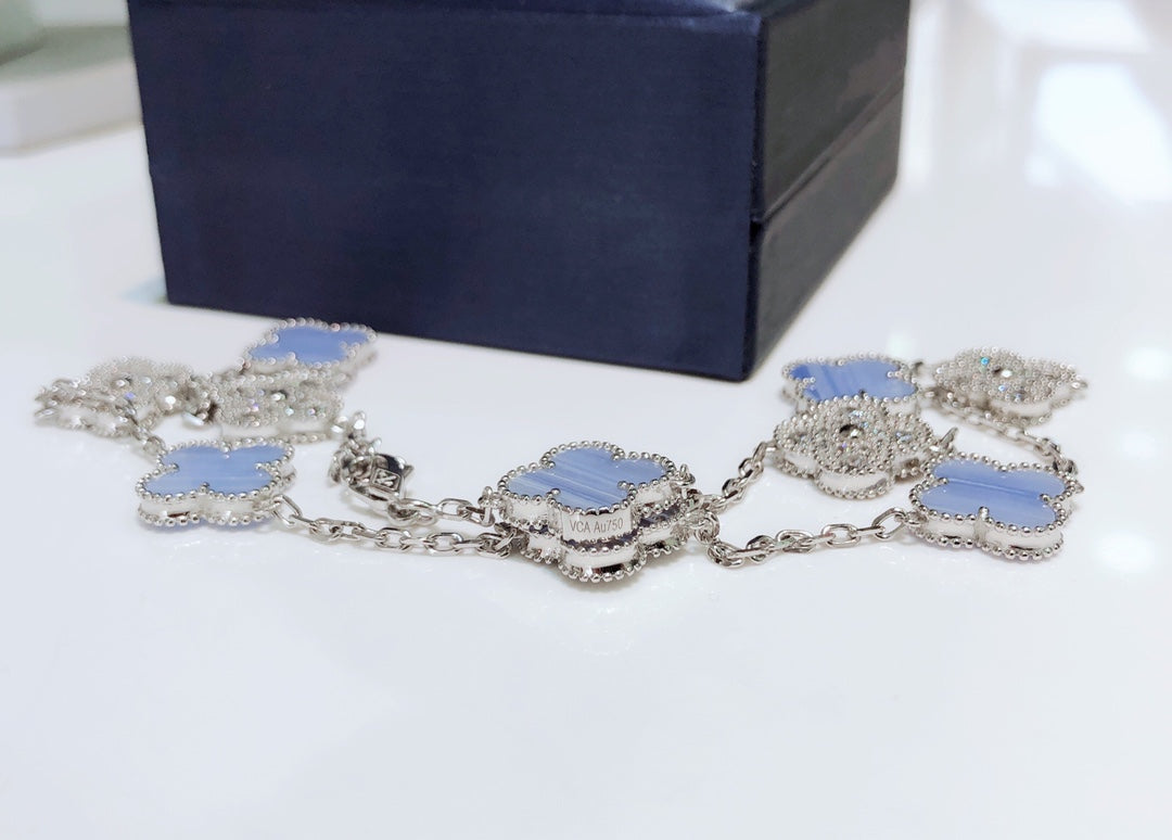 [Polaidi Jewelry]CLOVERS THE 10-MOTIFS CHALCEDONY DIAMONDS SILVER NECKLACE