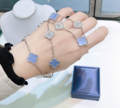 [Polaidi Jewelry]CLOVER 10 MOTIFS CHALCEDONY DIAMONDS SILVER NECKLACE