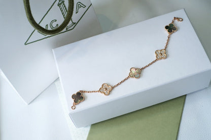 [：Polaidi Jewelry]クローバー 5モチーフ ダークマザーオブパール＆ダイヤモンド ピンクゴールド ブレスレット