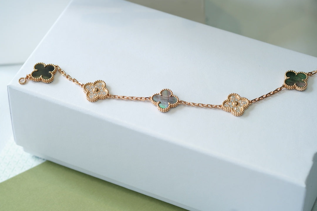 [：Polaidi Jewelry]クローバー 5モチーフ ダークマザーオブパール＆ダイヤモンド ピンクゴールド ブレスレット