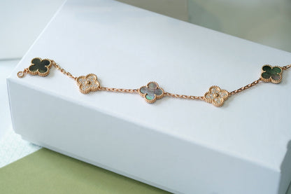 [：Polaidi Jewelry]クローバー 5モチーフ ダークマザーオブパール＆ダイヤモンド ピンクゴールド ブレスレット