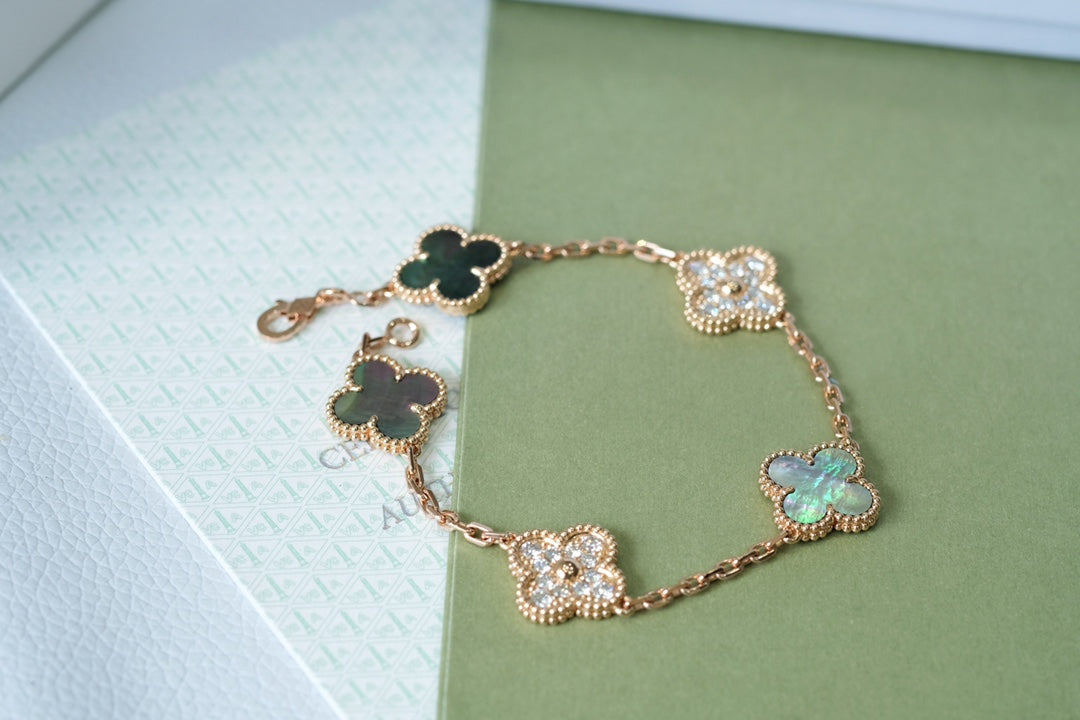 [：Polaidi Jewelry]クローバー 5モチーフ ダークマザーオブパール＆ダイヤモンド ピンクゴールド ブレスレット