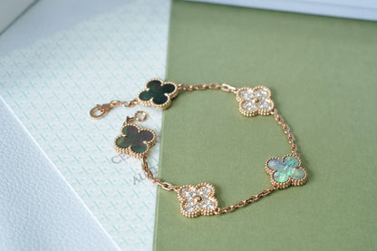[：Polaidi Jewelry]クローバー 5モチーフ ダークマザーオブパール＆ダイヤモンド ピンクゴールド ブレスレット
