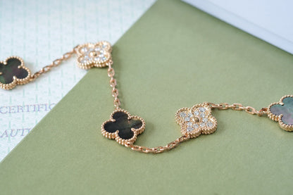 [：Polaidi Jewelry]クローバー 5モチーフ ダークマザーオブパール＆ダイヤモンド ピンクゴールド ブレスレット